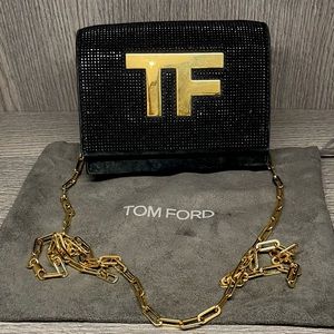 Tom Ford Embellished Crystal Suede TF Logo Chain crossbody icon clutch